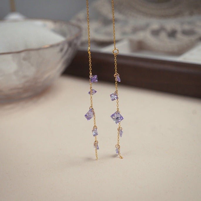 14K outlets Solid Gold Purple Drop Earrings, Drop Zircon Earrings, Gold Drop Earrings, Treader Earrings, Chain Threaded Earrings, Chain Drop Earring