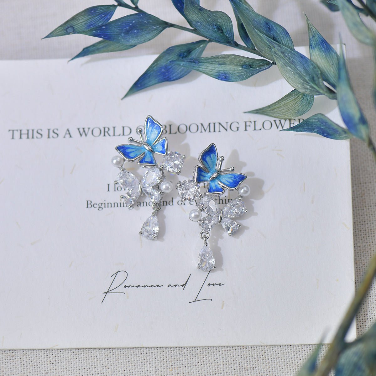 Blue Butterfly Drop Earrings - Hypoallergenic - Abbott Atelier