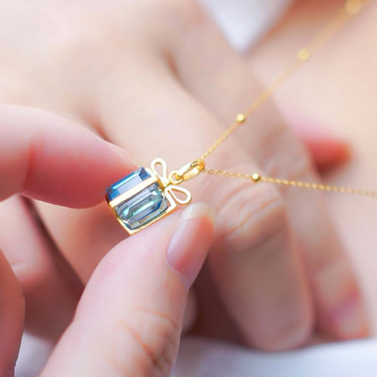 Blue Gift Box Necklace (Solid Silver) - Hypoallergenic - Abbott Atelier