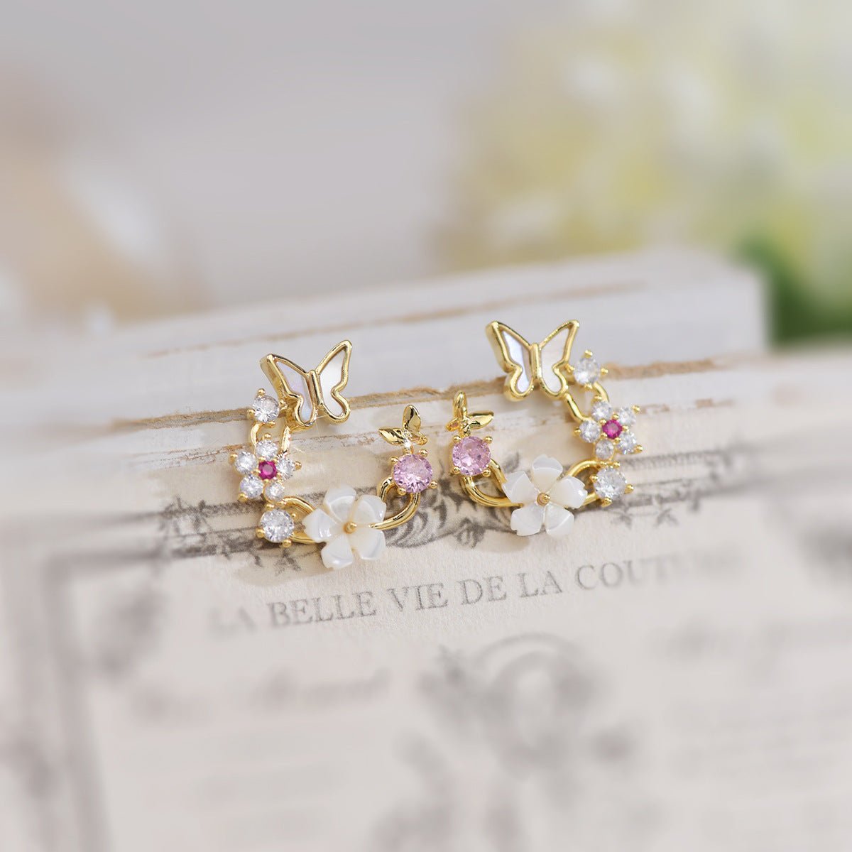 Cherry Blossom Butterfly Set (Earrings/Necklace) - Hypoallergenic - Abbott Atelier