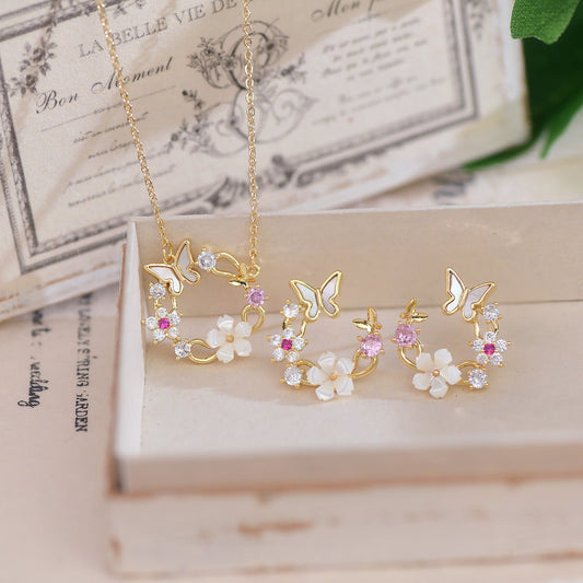 Cherry Blossom Butterfly Set (Earrings/Necklace) - Hypoallergenic - Abbott Atelier