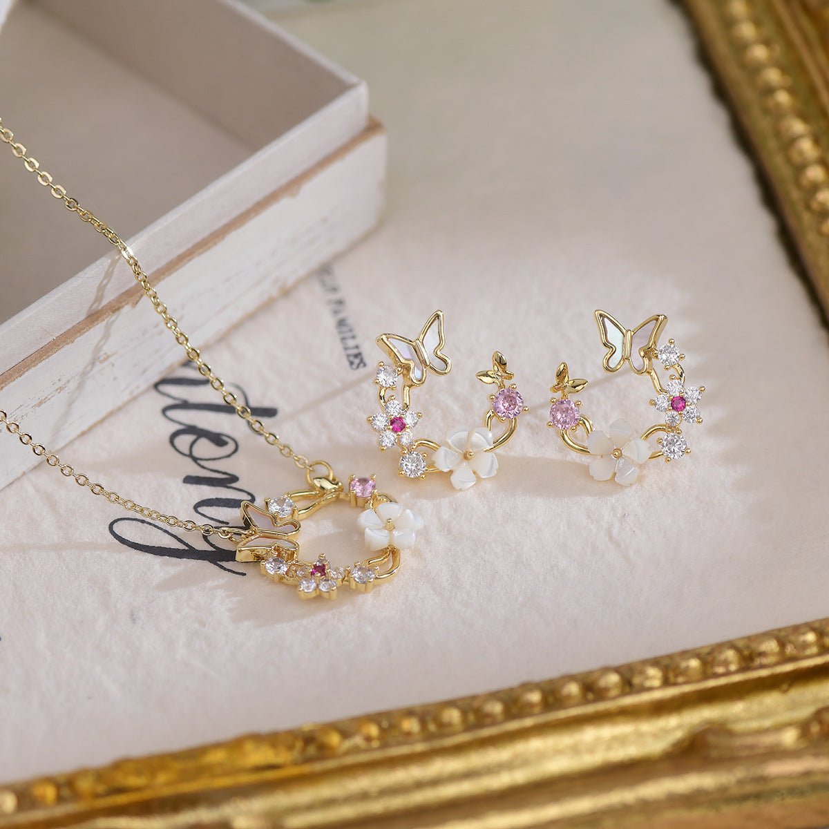 Cherry Blossom Butterfly Set (Earrings/Necklace) - Hypoallergenic - Abbott Atelier