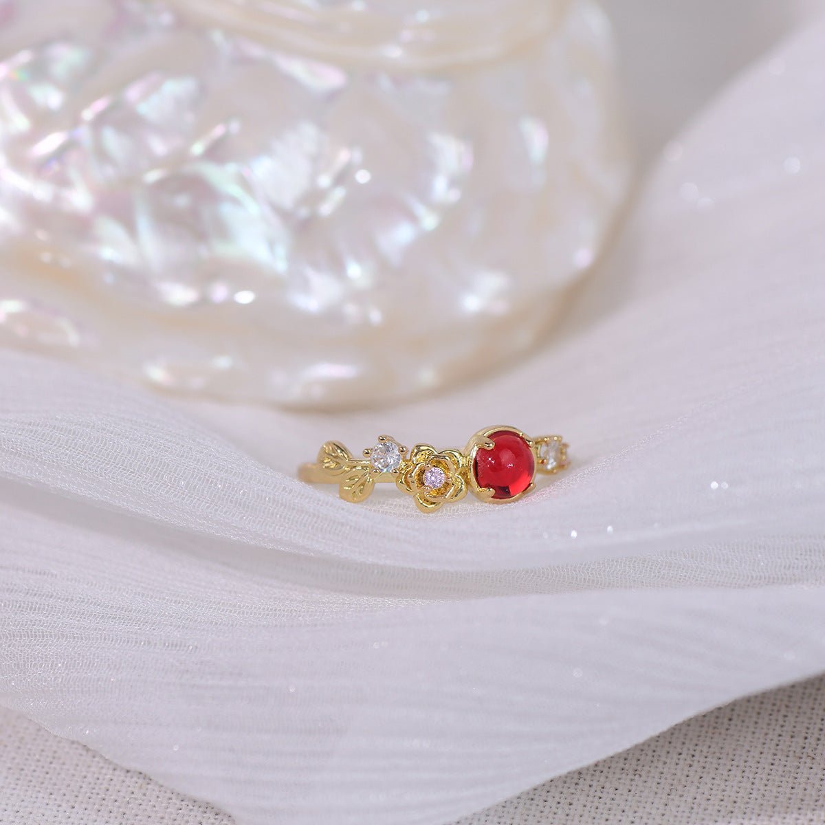 [Clearance] Red Gem Rose Ring - Gold - Plated - Abbott Atelier