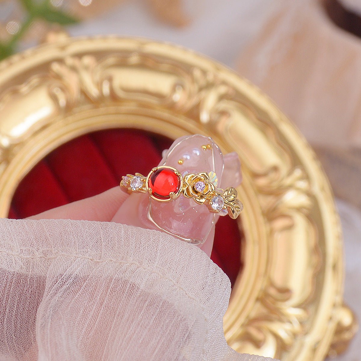 [Clearance] Red Gem Rose Ring - Gold - Plated - Abbott Atelier