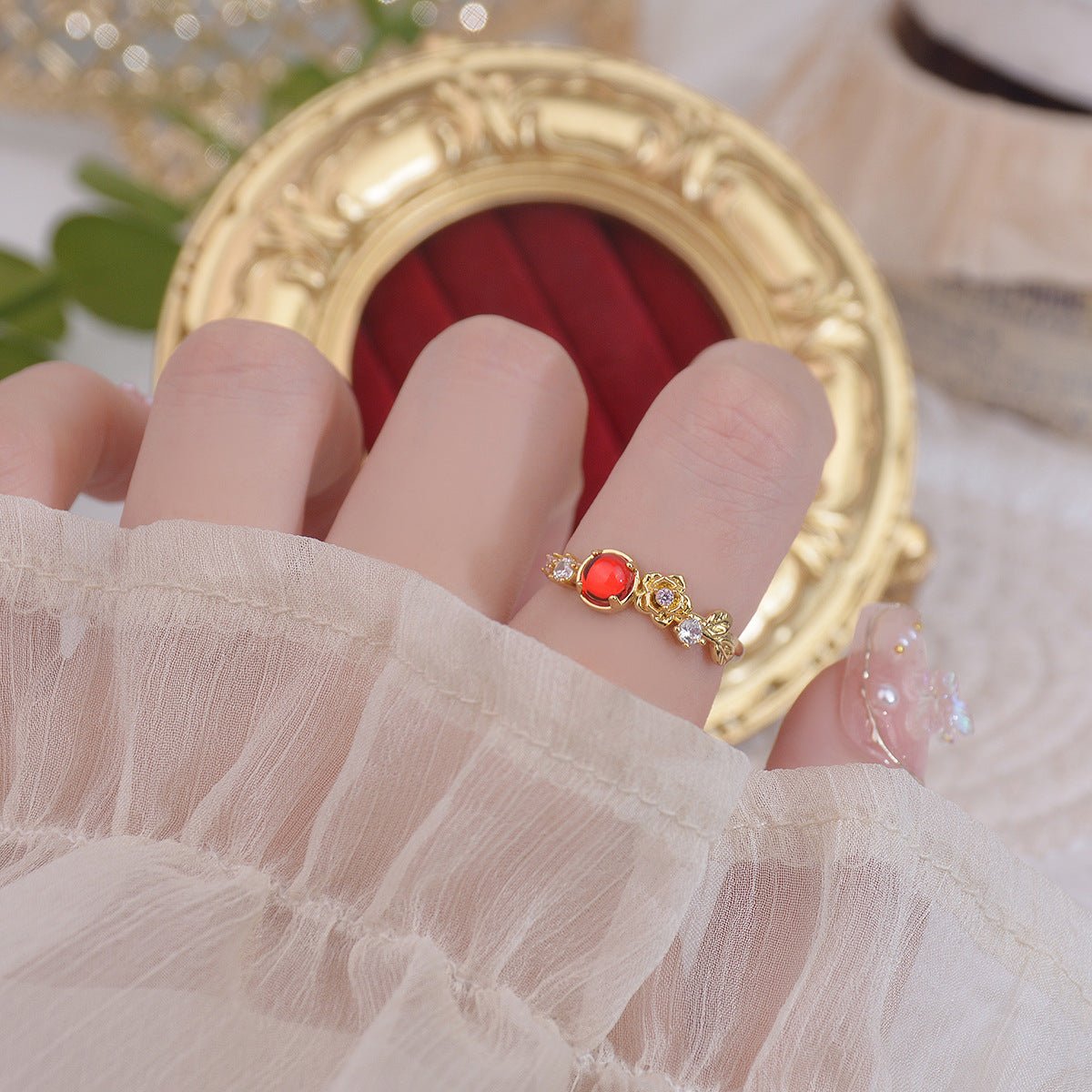 [Clearance] Red Gem Rose Ring - Gold - Plated - Abbott Atelier