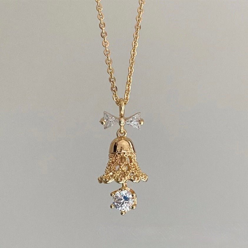 Festive Bell Clear Bow Necklace - Gold - Plated - Abbott Atelier