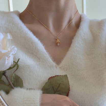 Festive Bell Clear Bow Necklace - Gold - Plated - Abbott Atelier