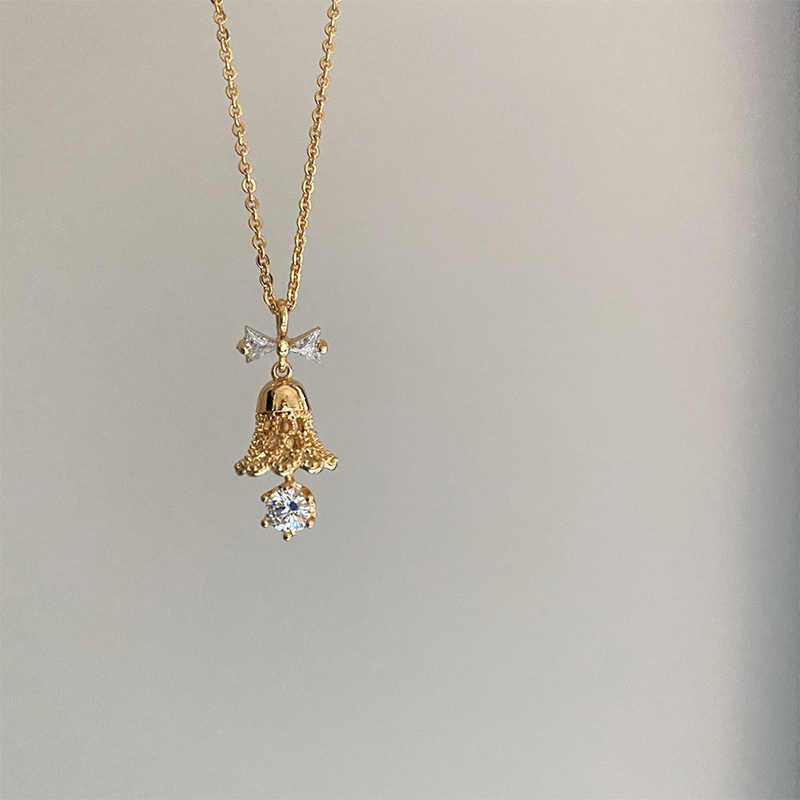 Festive Bell Clear Bow Necklace - Gold - Plated - Abbott Atelier