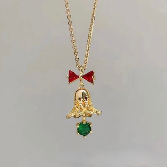 Festive Bell Red Bow Necklace - Gold - Plated - Abbott Atelier