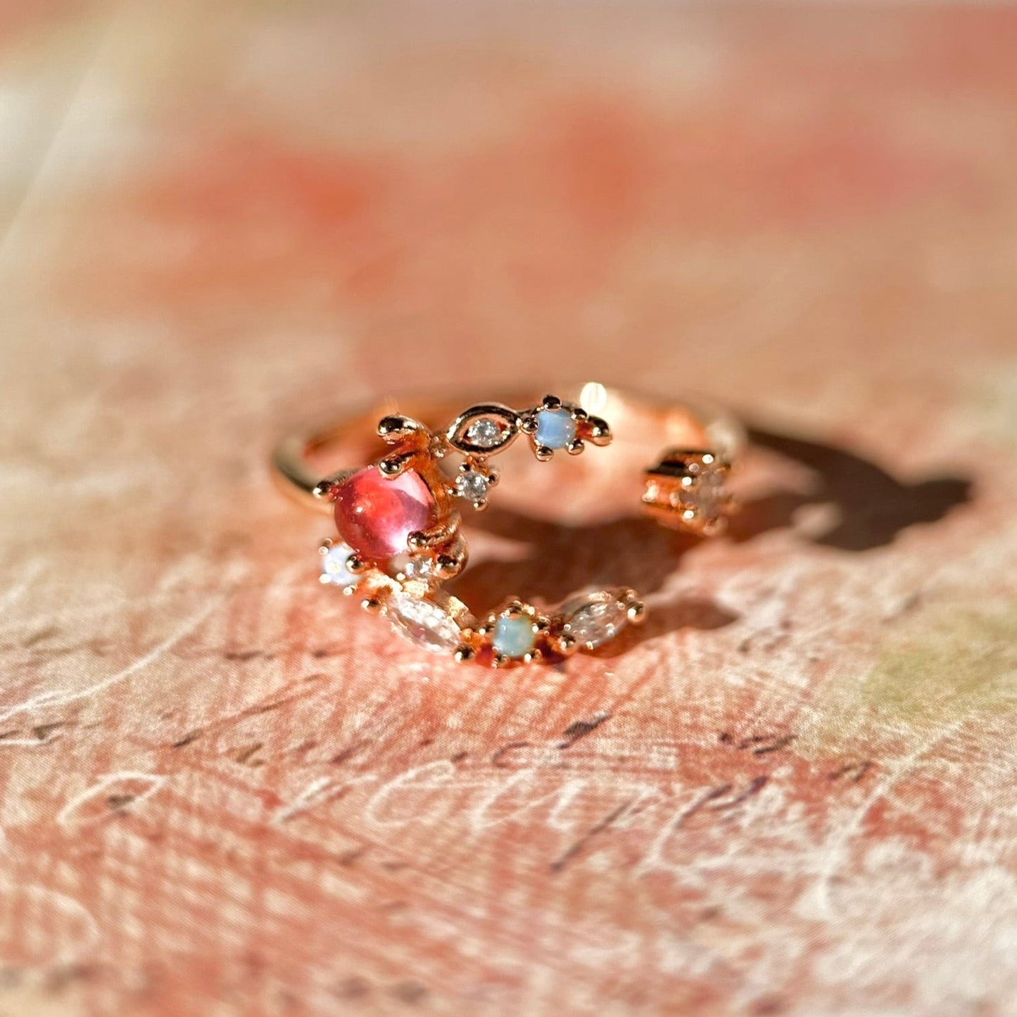 Floral Moon Ring (Red/Pink) - Gold - Plated - Abbott Atelier