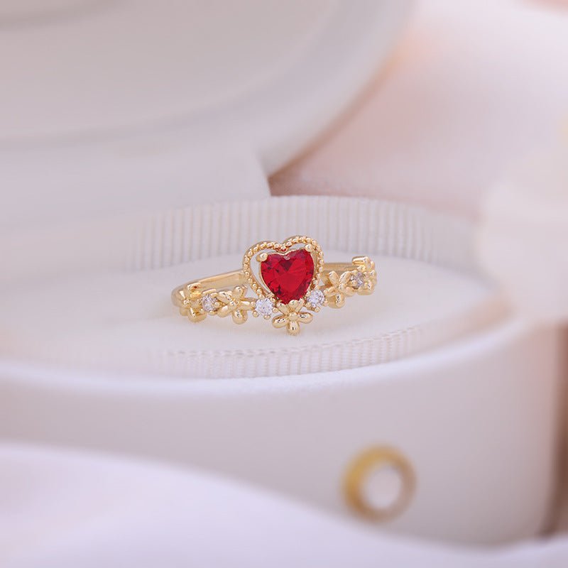 Floral Red Heart Ring - Gold - Plated - Abbott Atelier