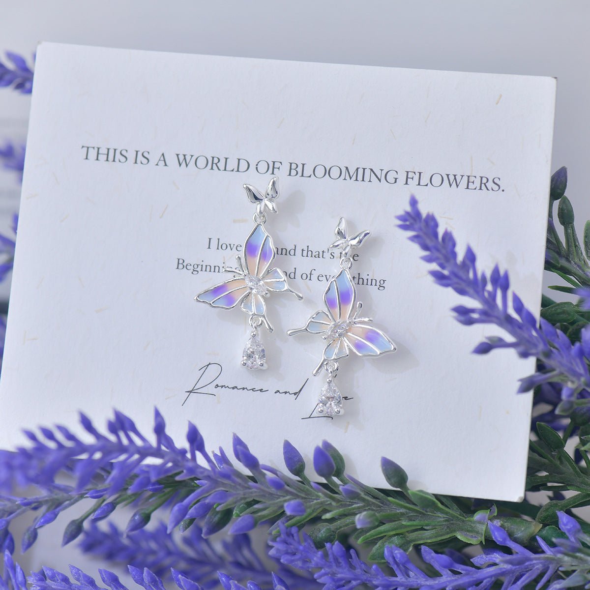 Lilac Butterfly Drop Earrings - Hypoallergenic - Abbott Atelier