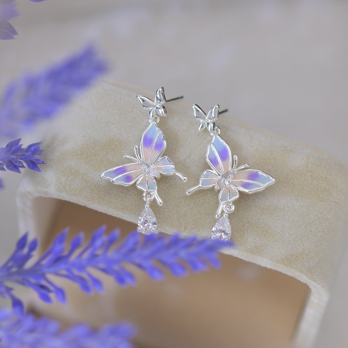 Lilac Butterfly Drop Earrings - Hypoallergenic - Abbott Atelier