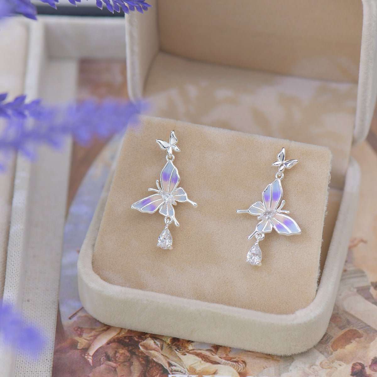 Lilac Butterfly Drop Earrings - Hypoallergenic - Abbott Atelier