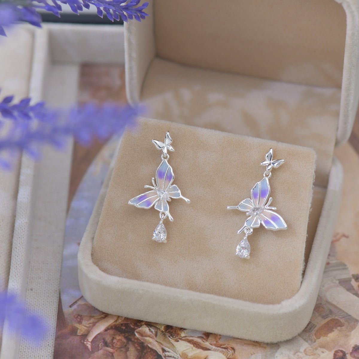 Lilac Butterfly Drop Earrings - Hypoallergenic - Abbott Atelier