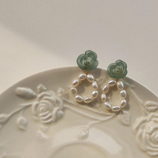 Matcha Rose and Pearl Earrings - Hypoallergenic - Abbott Atelier