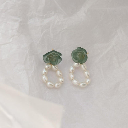 Matcha Rose and Pearl Earrings - Hypoallergenic - Abbott Atelier