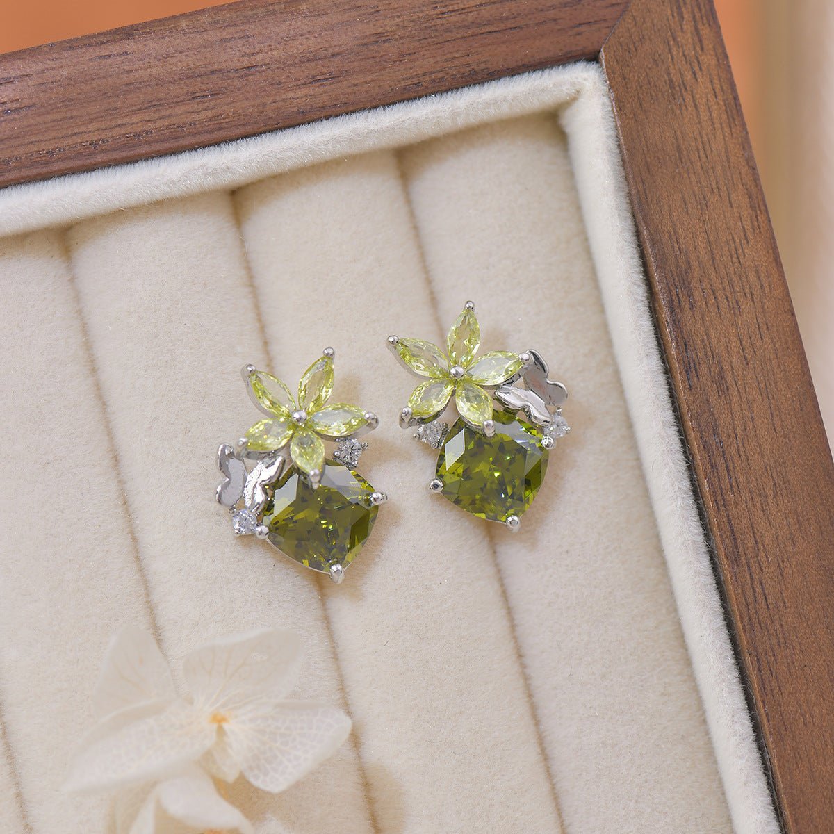 Peridot Flower Butterfly Earrings - Hypoallergenic - Abbott Atelier