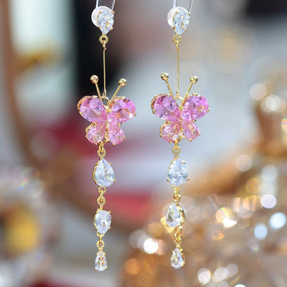 Pink Butterfly Drop Earrings - Gold - Plated - Abbott Atelier