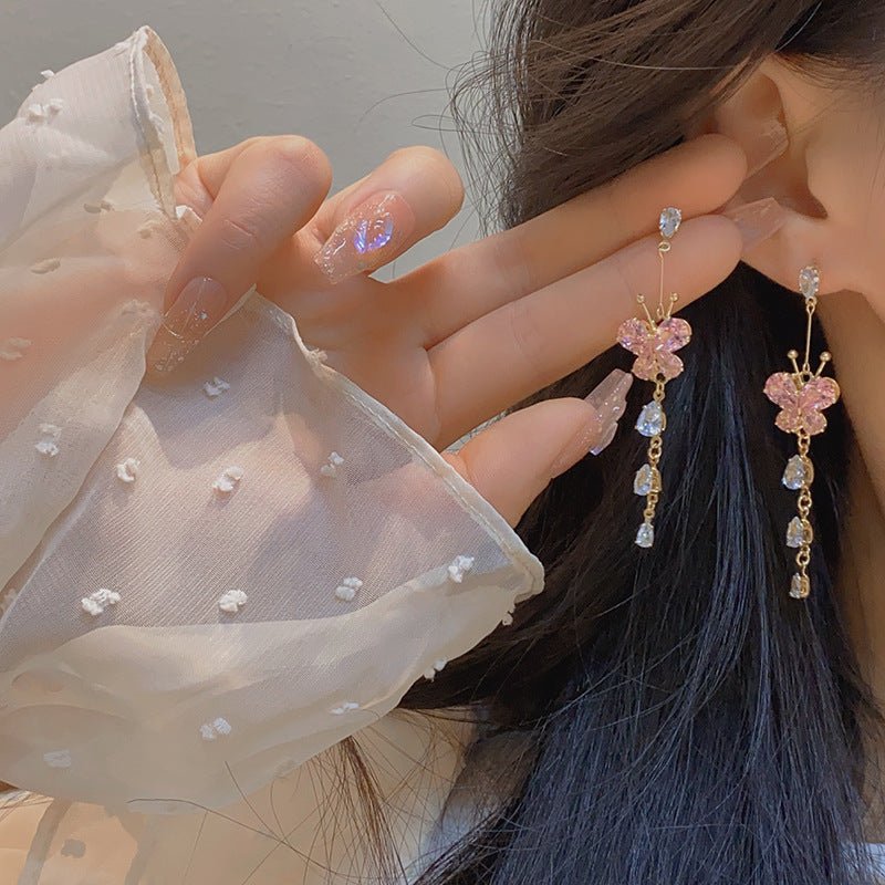 Pink Butterfly Drop Earrings - Gold - Plated - Abbott Atelier