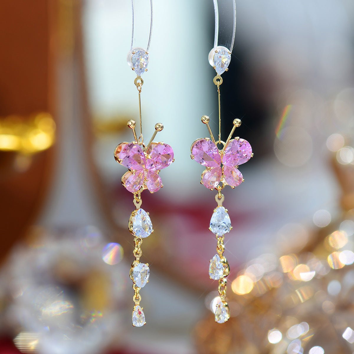 Pink Butterfly Drop Earrings - Gold - Plated - Abbott Atelier