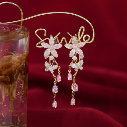 Pink Flower Drop Earrings - Gold - Plated - Abbott Atelier