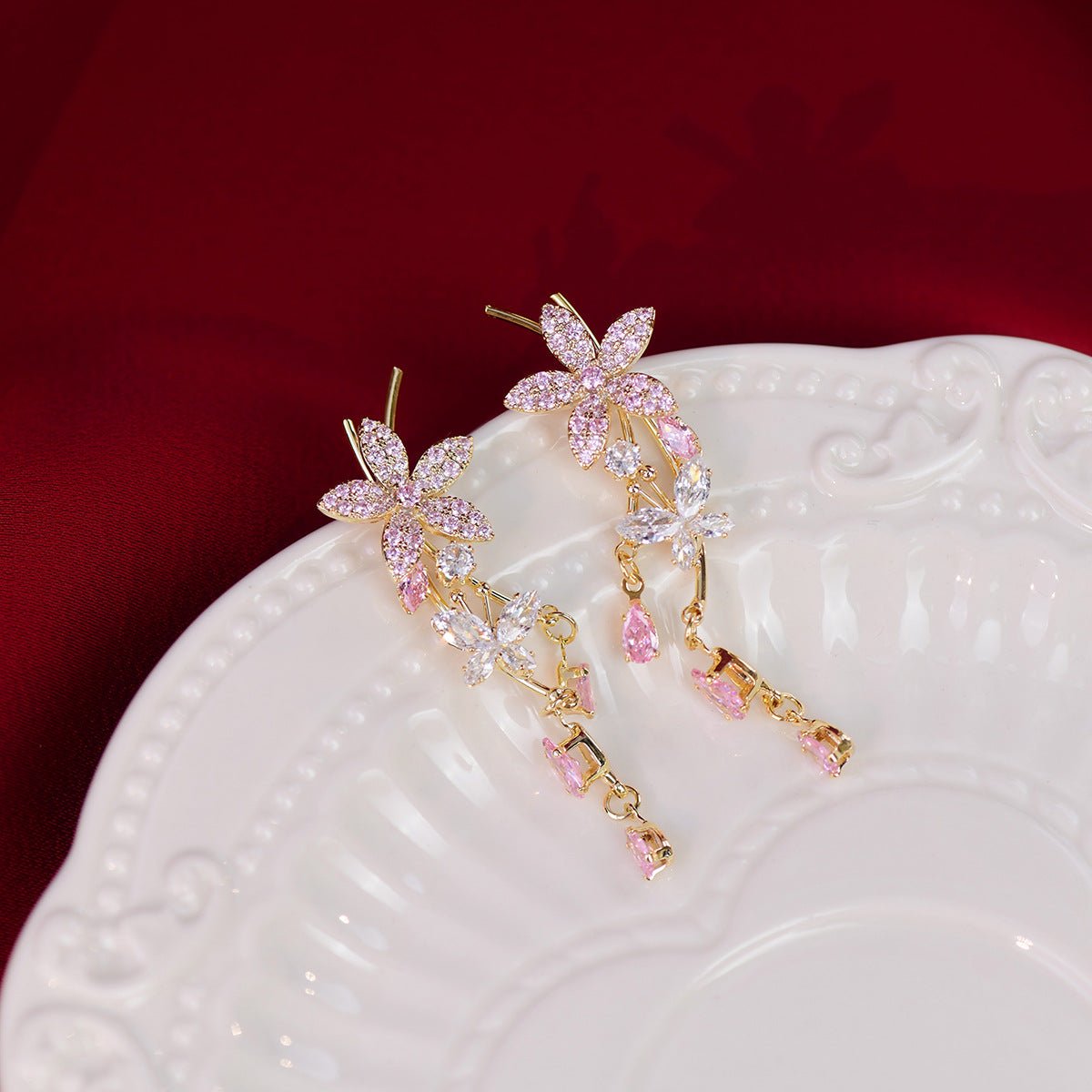 Pink Flower Drop Earrings - Gold - Plated - Abbott Atelier