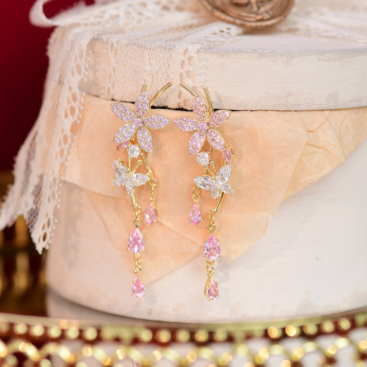 Pink Flower Drop Earrings - Gold - Plated - Abbott Atelier