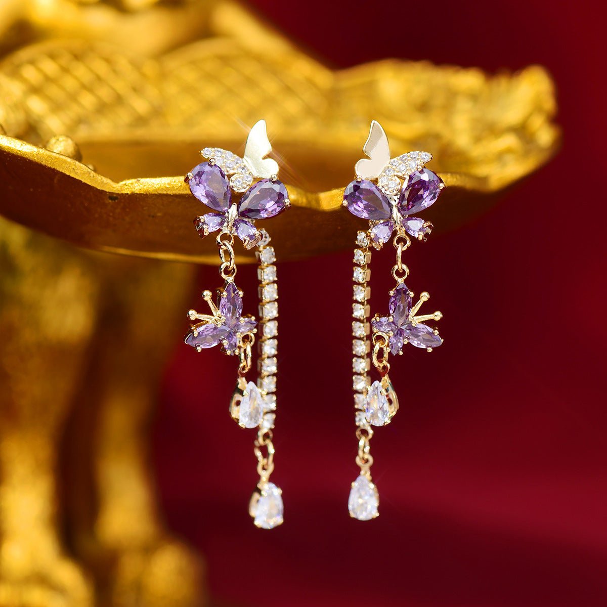 Purple Butterfly Drop Earrings - Gold - Plated - Abbott Atelier
