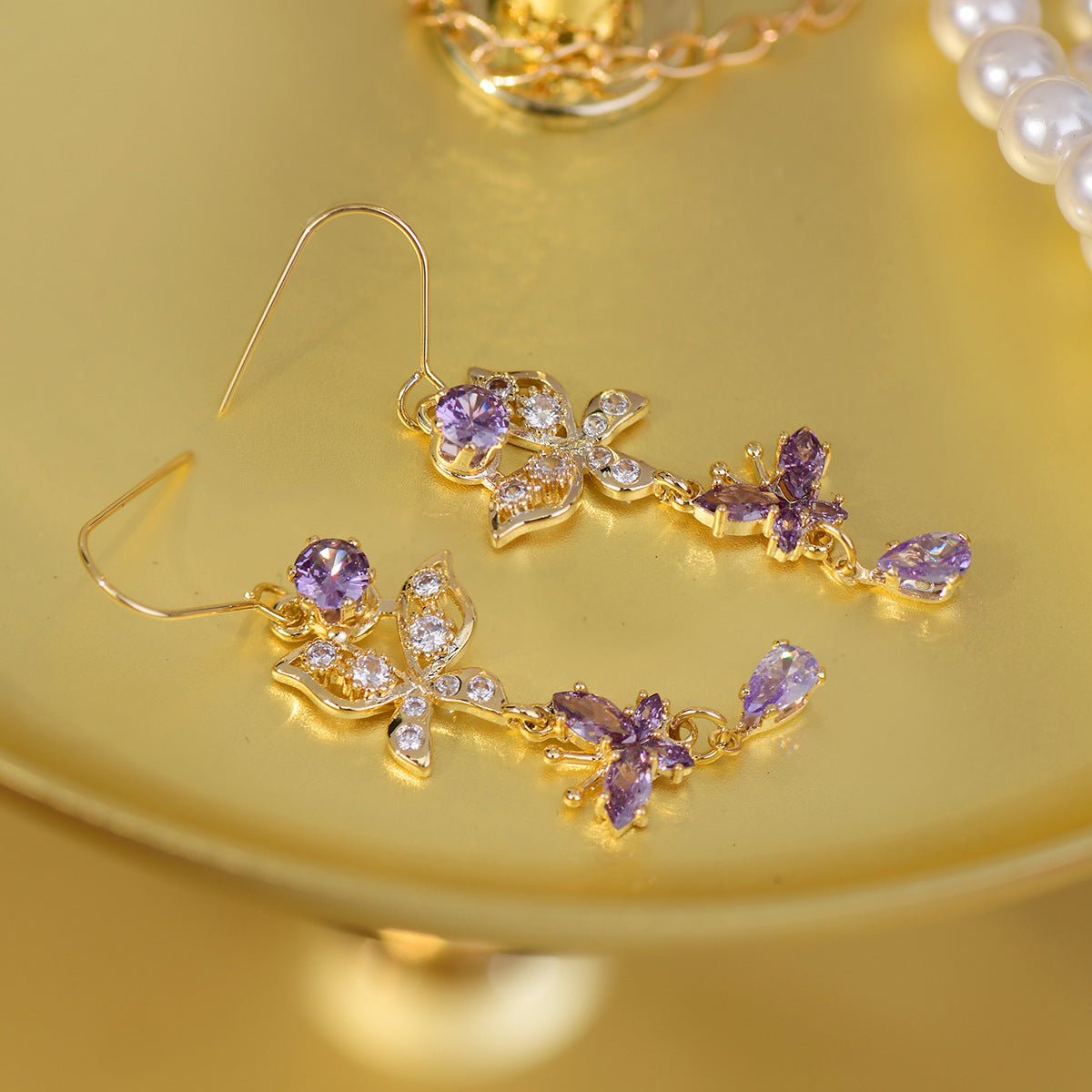 Purple Butterfly Drop Earrings - Gold Plated - Abbott Atelier