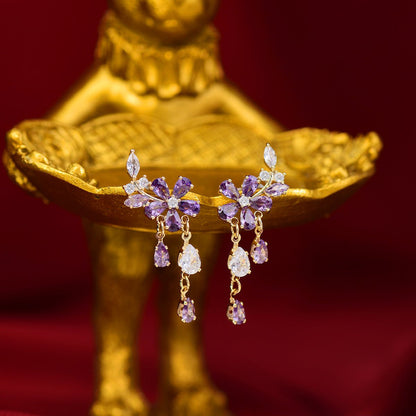 Purple Flower Drop Earrings - Hypoallergenic - Abbott Atelier