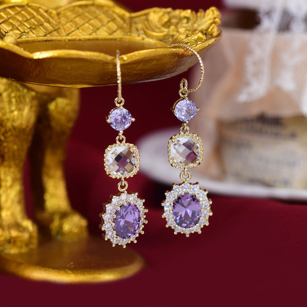 Purple Gem Drop Earrings - Gold - Plated - Abbott Atelier