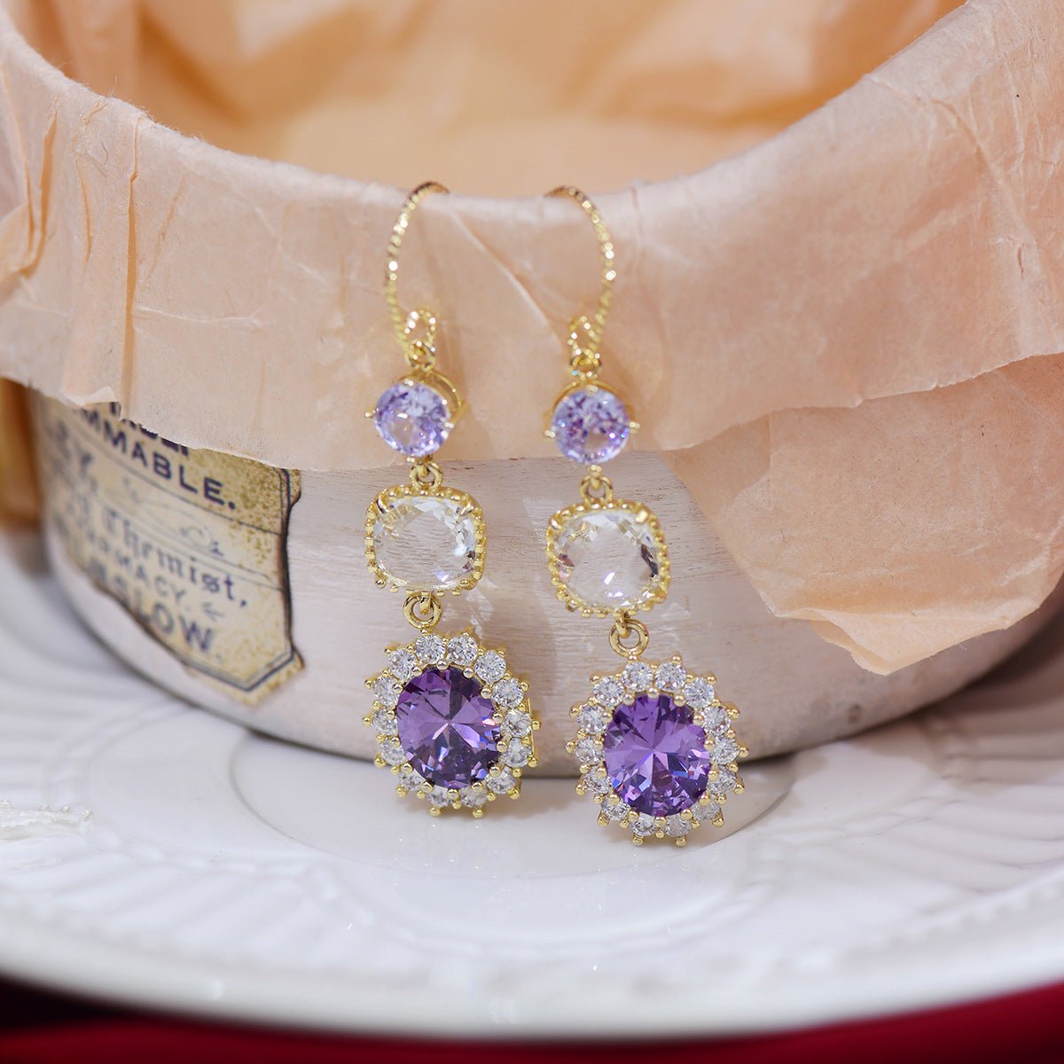 Purple Gem Drop Earrings - Gold - Plated - Abbott Atelier