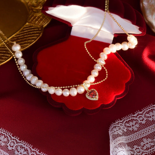 Red Heart Pearl Necklace - Wendy - Gold Plated - Abbott Atelier