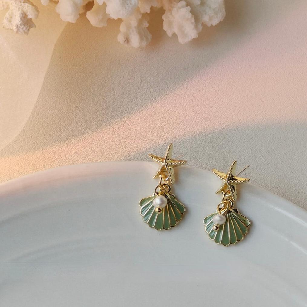 Seascape Shell Earrings (White/Green) - Gold - Plated - Abbott Atelier