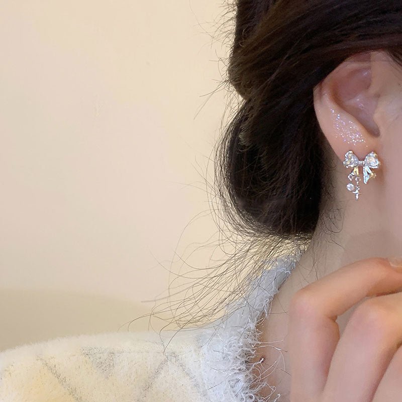 Silver Bow Earrings (Pink/Clear) - Caroline - Gold - Plated - Abbott Atelier