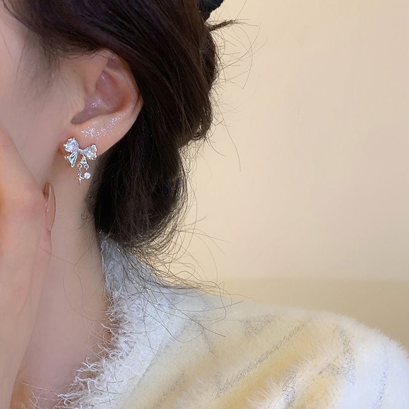 Silver Bow Earrings (Pink/Clear) - Caroline - Gold - Plated - Abbott Atelier