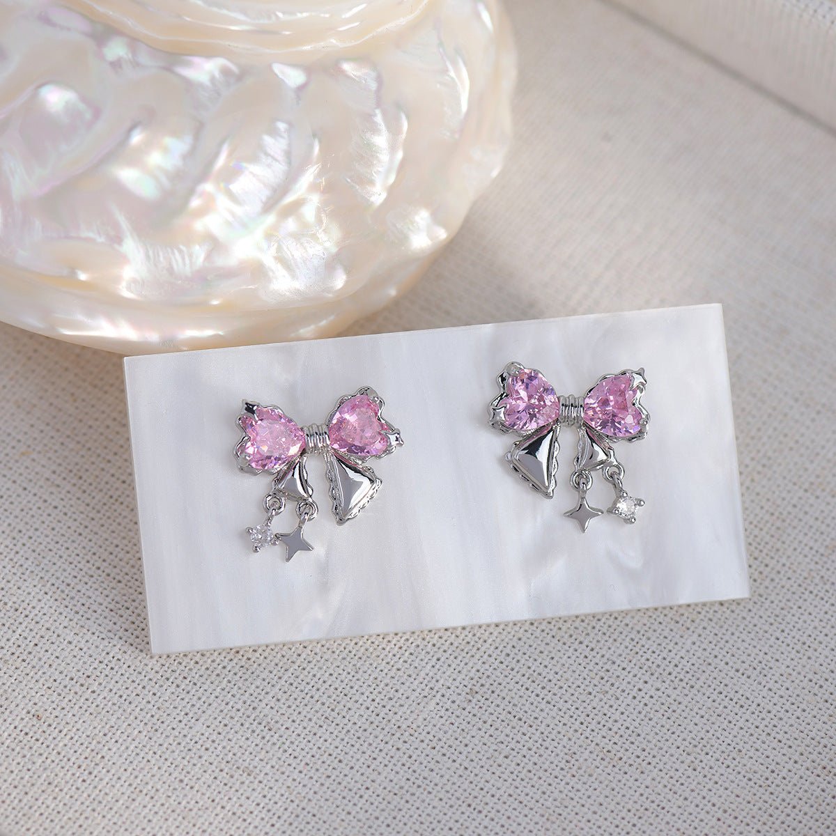 Silver Bow Earrings (Pink/Clear) - Caroline - Gold - Plated - Abbott Atelier