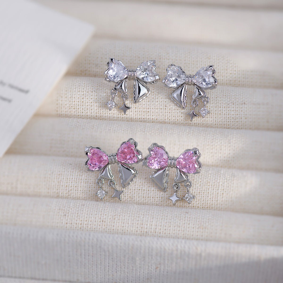 Silver Bow Earrings (Pink/Clear) - Caroline - Gold - Plated - Abbott Atelier